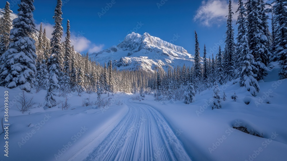 Snowy trail winding through a winter wonderland Snowy trail winding through a winter wonderland