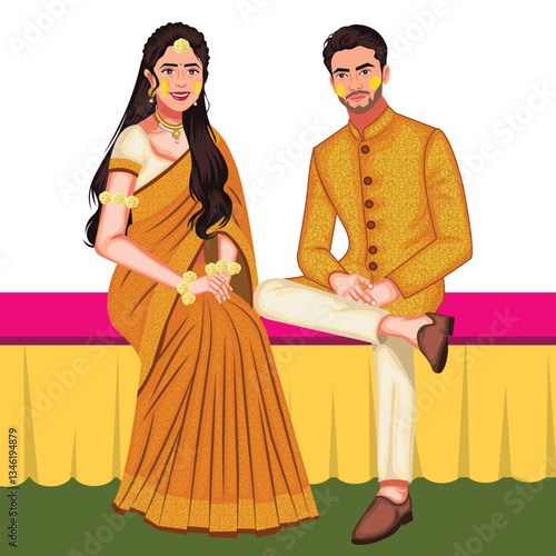 Indian Wedding Couple Celebrate Haldi Ceremony Vector Illustration (Royalty Free)