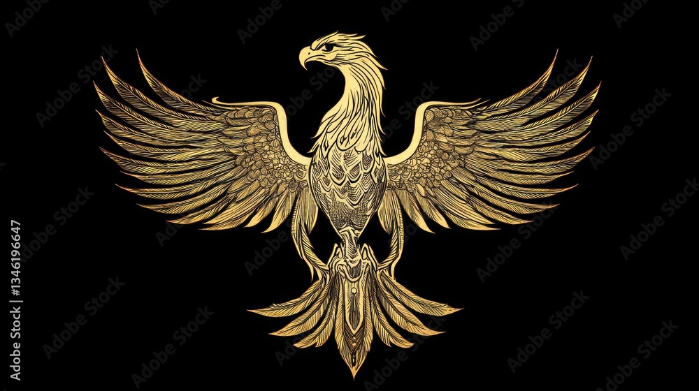 Fototapeta premium Golden eagle with wings spread, intricate design on black background.