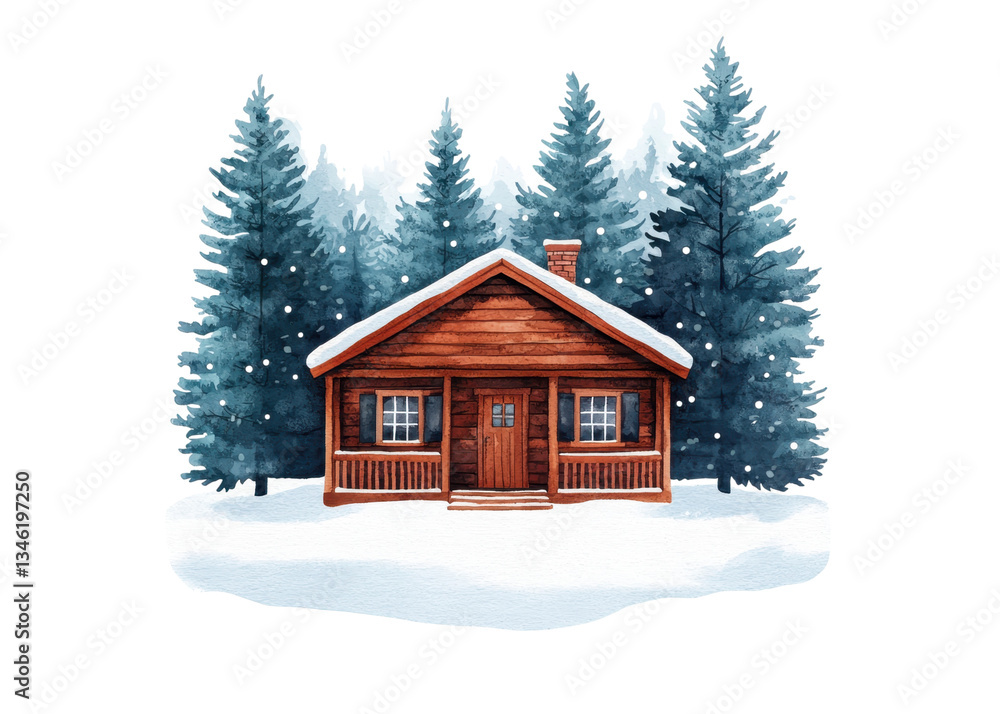 Watercolor illustration of a cozy cabin in a snowy forest. Winter scene with a wooden house and pine trees. Watercolor illustration of a cozy cabin in a snowy forest. Winter scene with a wooden house and pine trees.