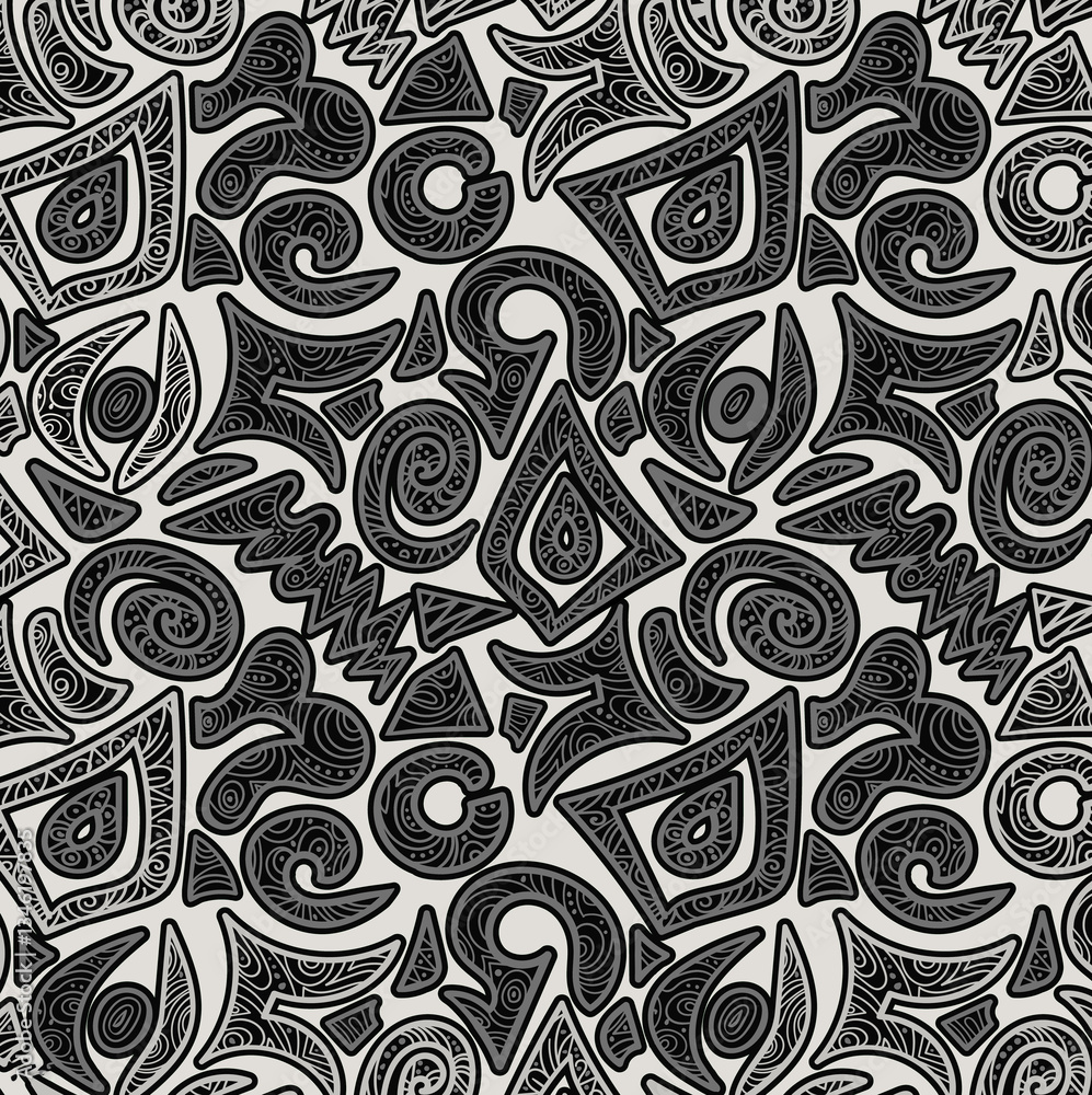 A complex, abstract pattern featuring stylized tribal shapes with intricate line work in shades of gray. The design creates a unique, graphic texture with a slightly primitive and artistic feel. A complex, abstract pattern featuring stylized tribal shapes with intricate line work in shades of gray. The design creates a unique, graphic texture with a slightly primitive and artistic feel.
