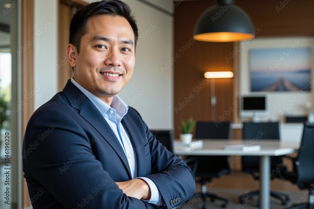 Confident Asian Male Professional in Business Attire Smiling in Modern Office Setting with Neutral Tones and Contemporary Furniture Confident Asian Male Professional in Business Attire Smiling in Modern Office Setting with Neutral Tones and Contemporary Furniture