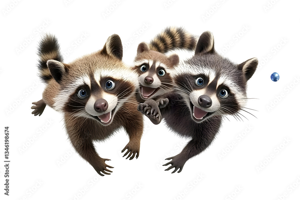 Obraz premium Realistic Image of Three Raccoons Smiling Together with Transparent Background Animal Portrait Wildlife Forest Mammal Cute Playful Upward Looking Fur Detailed Eyes