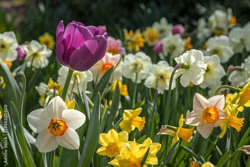 Vibrant Spring Garden with Colorful Daffodils and Purple Tulips Vibrant Spring Garden with Colorful Daffodils and Purple Tulips