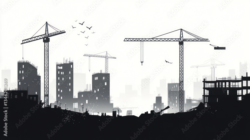 Naklejka premium Cityscape under construction, cranes, silhouettes