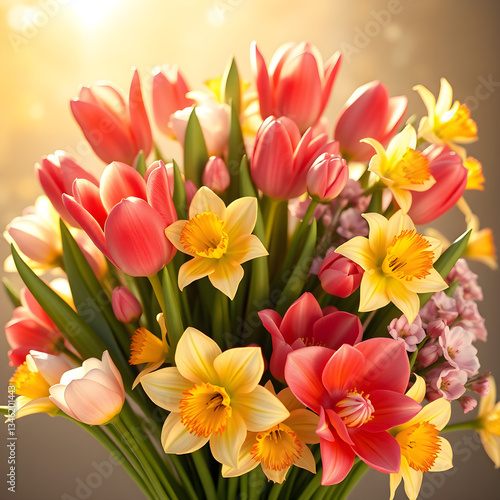 Colorful spring bouquet of flowers in soft natural light, vibrant and fresh arrangement with seasonal blooms. Semi-realistic scene emphasizing joy, renewal, and natural beauty.
