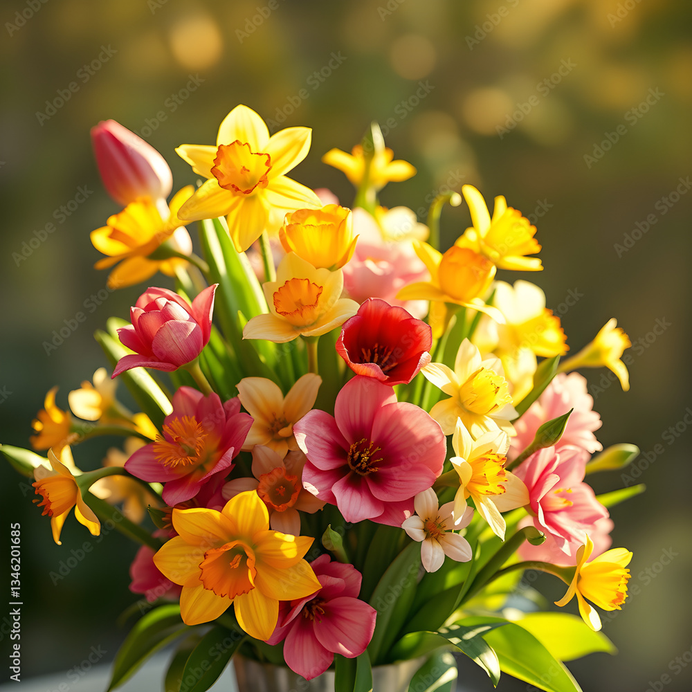 Fototapeta premium Colorful spring bouquet of flowers in soft natural light, vibrant and fresh arrangement with seasonal blooms. Semi-realistic scene emphasizing joy, renewal, and natural beauty. 
