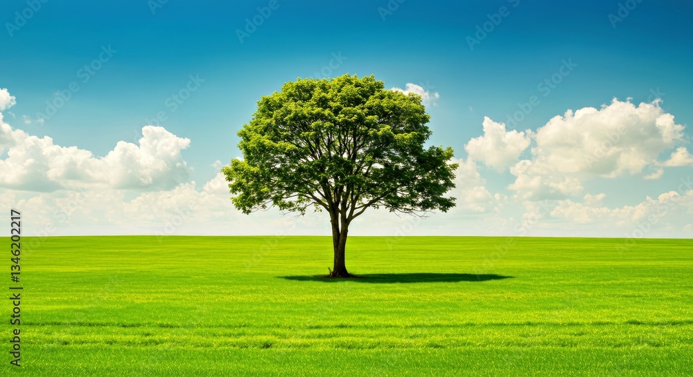 Obraz premium A single tree standing tall in the middle of an emerald-green plain