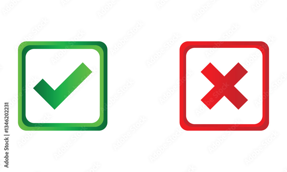 tick and cross buttons icon, yes and no button icon, checkmark icon on white background. tick and cross buttons icon, yes and no button icon, checkmark icon on white background.