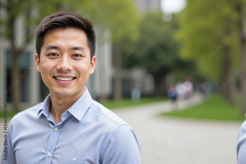 Smiling Young East Asian Male in Casual Button-Up Shirt Posing Outdoors on a University Campus Pathway with Lush Greenery and Blurred Figures in the Background Smiling Young East Asian Male in Casual Button-Up Shirt Posing Outdoors on a University Campus Pathway with Lush Greenery and Blurred Figures in the Background