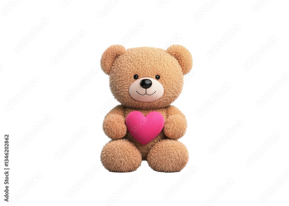 Fototapeta premium Cute teddy bear holding a pink heart on a transparent background. Concept of love, Valentine's Day, and childhood.