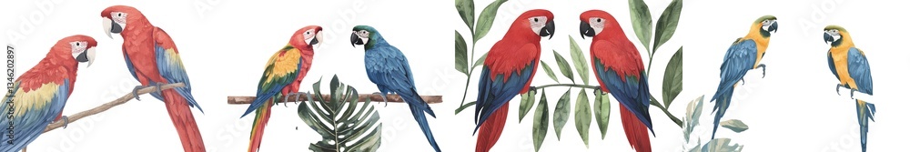 Fototapeta premium Tropical birds such as starling, hummingbird, toucan, and parrot are beautifully illustrated in watercolor, set against a white background and surrounded by an assortment of jungle plants, including