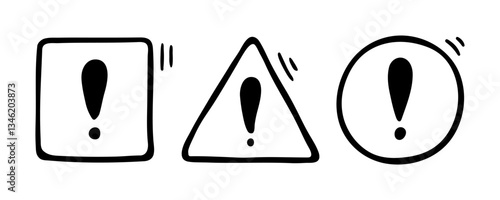 Doodle exclamation mark, notification bell, alert danger information sign set. Scribble hand drawn doodle exclamation point, stop warning sign in circle, triangle, square form