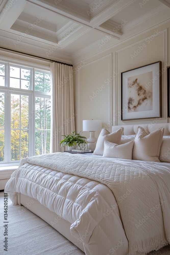 Fototapeta premium Contemporary luxe bedroom interior features elegant decor, large window, chic bedding, stylish lamp. Concept: harmonious blend of contemporary luxe bedroom interior design and decor.