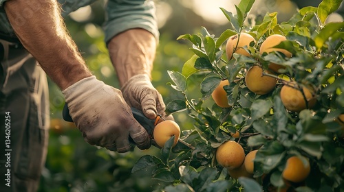 A gardener carefully pruning a fruit tree in an orchard