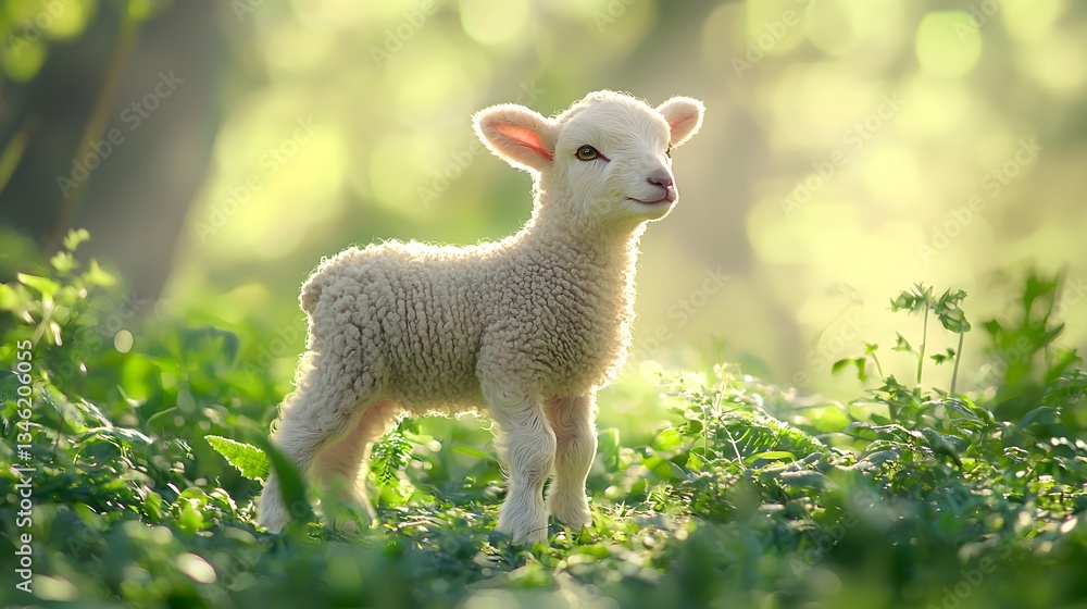 Obraz premium A newborn lamb standing in a lush green pasture