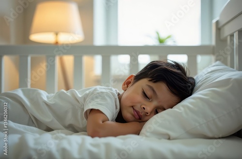 A newborn Indian baby sleeps sweetly, holding a toy in his hands, a place for text, a baby sleeps on a white crib under a blanket with a pen under his cheek, a healthy baby's sleep