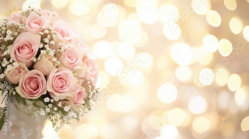 Delicate pink roses arranged with baby's breath are illuminated by soft, warm lights, enhancing the romantic ambiance perfect for celebrations