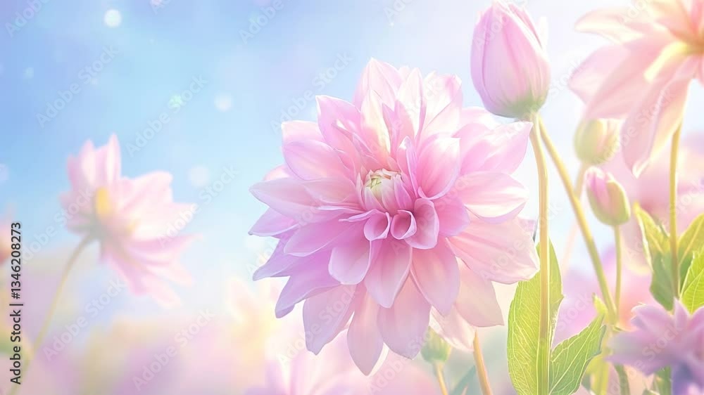 A delicate pink dahlia bathed in soft morning sunlight, surrounded by blooming buds. The dreamy pastel tones enhance the sense of serenity and natural beauty. Concept of elegance and gentle nature
A delicate pink dahlia bathed in soft morning sunlight, surrounded by blooming buds. The dreamy pastel tones enhance the sense of serenity and natural beauty. Concept of elegance and gentle nature