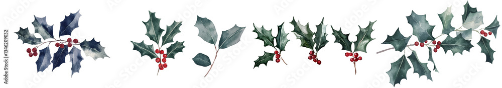 Fototapeta premium A holly branch, illustrated in watercolor by hand, sits on a white background, emphasizing christmas plants