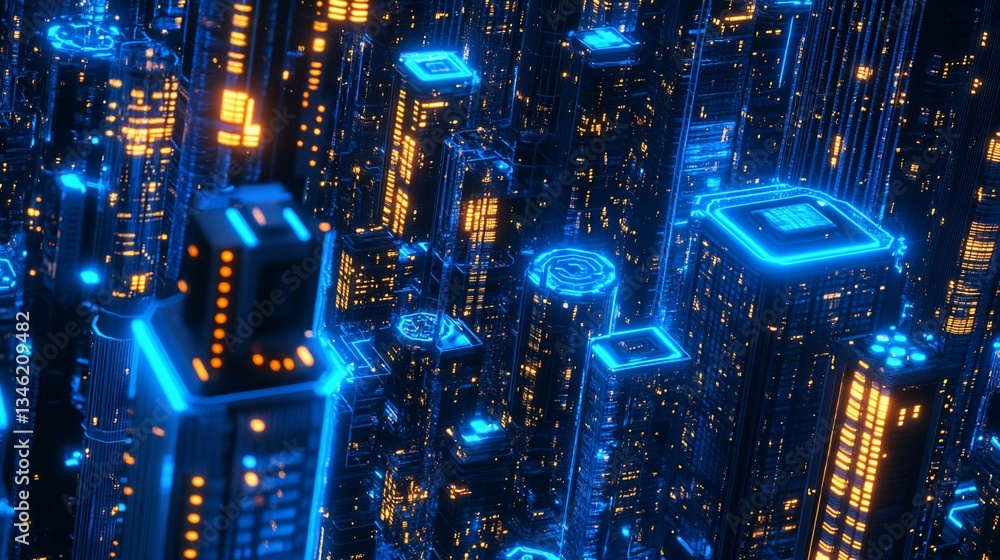 Obraz premium Futuristic city glowing at night, digital data streams, abstract background, tech concept