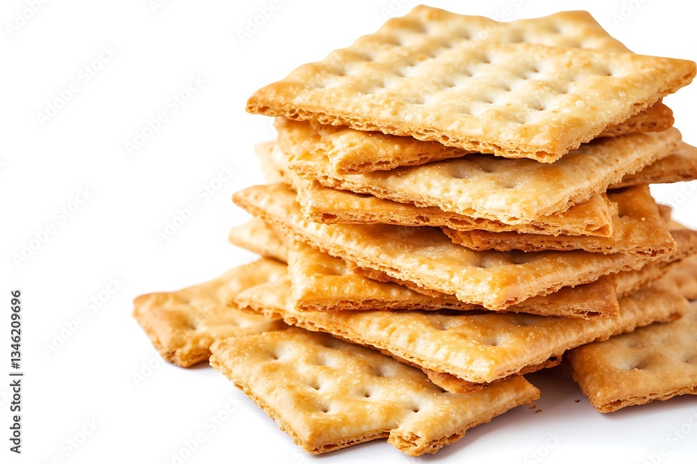 Stack of crispy, golden crackers isolated on white. Stack of crispy, golden crackers isolated on white.
