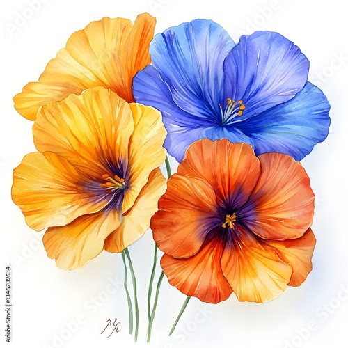 Wallpaper Mural A vibrant trio of orange and blue poppies blossoms in a detailed watercolor painting style illustration. Torontodigital.ca