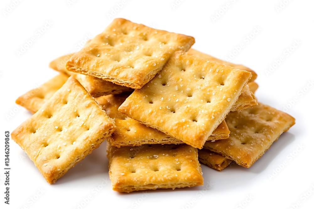 Square salted crackers, crispy, golden-brown, stacked on white. Square salted crackers, crispy, golden-brown, stacked on white.