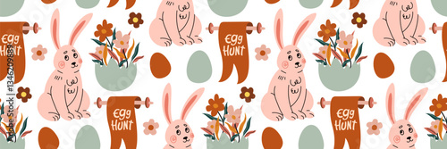 Easter seamless pattern featuring bunnies, colorful eggs, and blooming flowers in boho style. Great for textile, wrapping paper, wallpapers. Spring background. Vector flat illustration.