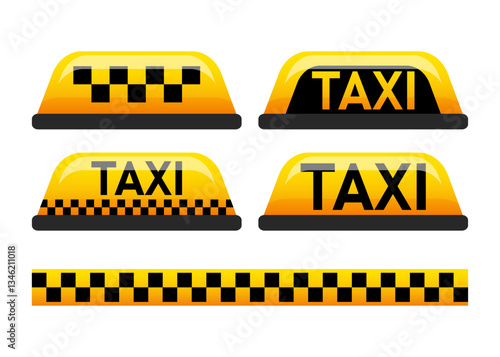 Taxi icons. Set taxi car roof sign. Yellow signs of transport elements. 3d illustration on white background.