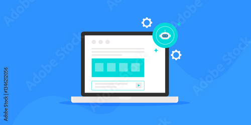 AI agent creates content for website, blog or digital marketing purpose. Complete assigned task and predefined business objective on laptop screen.