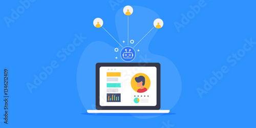 AI CRM technology, artificial intelligence robot collects and analyse customer data, improve personalised relation and increase business revenue concept.