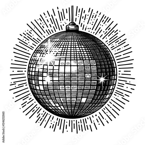 disco ball emitting radiant light. A classic 70s nightlife symbol representing dance, music, and celebration engraving generative ai sketch PNG illustration