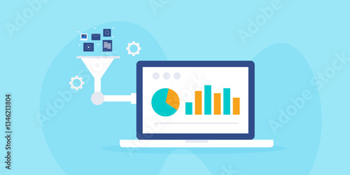 Content marketing report display on laptop screen, tracking KPI social media engagement, website traffic, lead generation and conversion e-business concept.