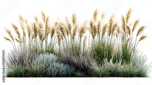 Tall ornamental grass bed featuring various species