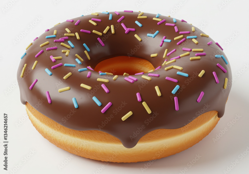 A close up view of a chocolate donut with colorful sprinkles on a white surface for background A close up view of a chocolate donut with colorful sprinkles on a white surface for background