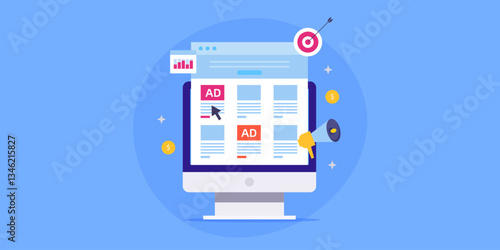 Native advertising display on website content, higher interaction rate and target right audience with browser data history monitoring concept. E-business paid media advertising.
