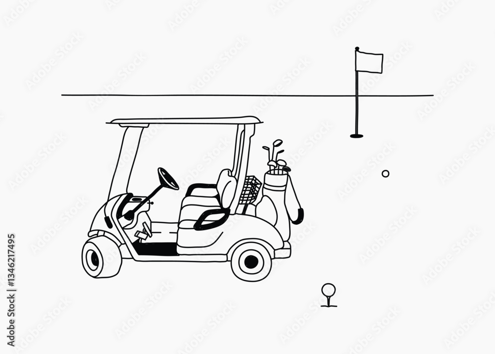 Fototapeta premium Golf cart & course hand drawn illustration vector