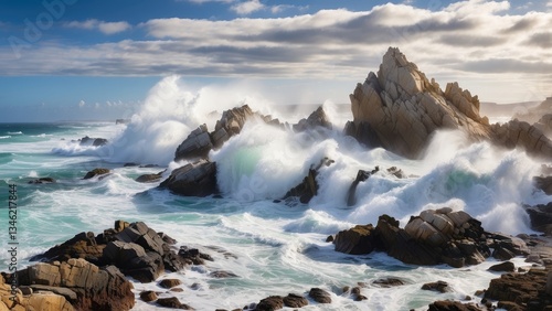 A rocky coastal scene.  A rugged coastline with various sized rocks and boulders is visible.
