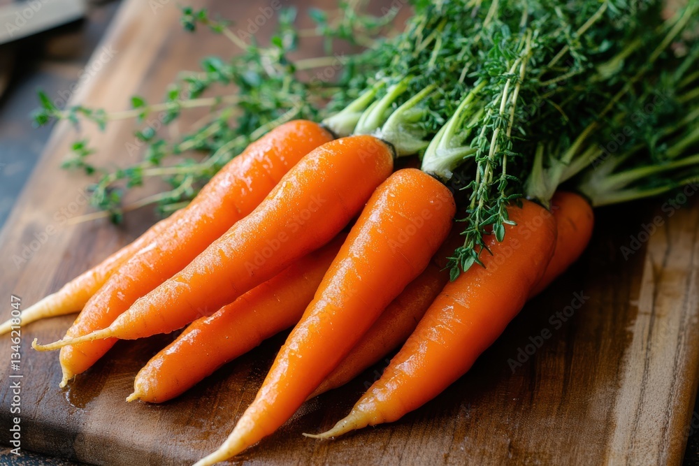 Freshly harvested carrots with thyme on a rustic wooden board in a kitchen setting Freshly harvested carrots with thyme on a rustic wooden board in a kitchen setting