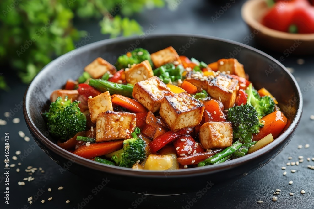 A vibrant medley of sautéed vegetables and tofu stir-fry served in a rustic black bowl A vibrant medley of sautéed vegetables and tofu stir-fry served in a rustic black bowl