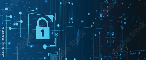 Cyber security lock on circuit board abstract concept