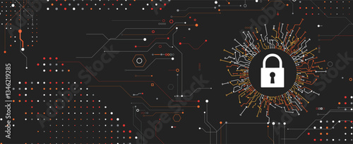 Cyber security lock on circuit board abstract concept