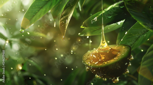 Fresh avocados suspended in nature with oil dripping from green leaves at dawn