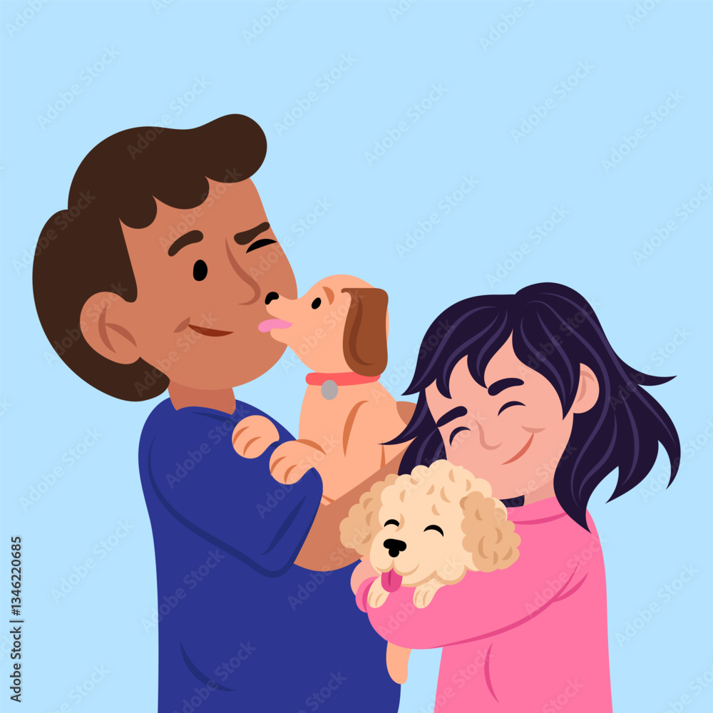 Happy family hugging and kissing adorable puppies: expressing love and care Happy family hugging and kissing adorable puppies: expressing love and care
