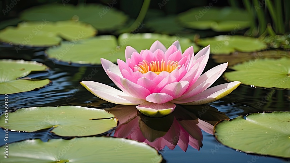 A serene pond scene featuring a single pink water lily surrounded by green lily pads, A serene pond scene featuring a single pink water lily surrounded by green lily pads,