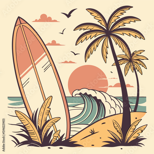  vintage-style vector illustration of a surfboard on a beach