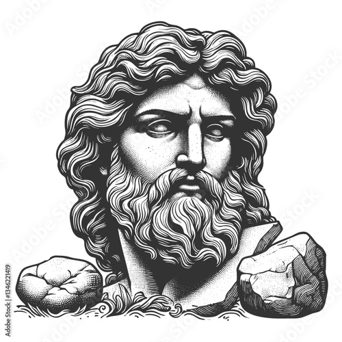 Statue of greek or roman bearded mythological god with flowing hair sketch engraving generative ai vector illustration. Scratch board. Black and white image.