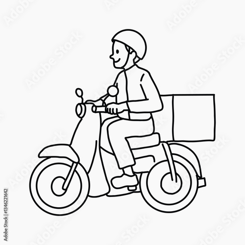 Delivery man on motorcycle line art vector