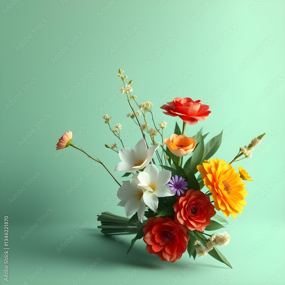 Fototapeta premium Beautiful bouquet of flowers in a vase placed on a table in soft natural light. Semi-realistic scene emphasizing warmth, elegance, and homely floral beauty. 